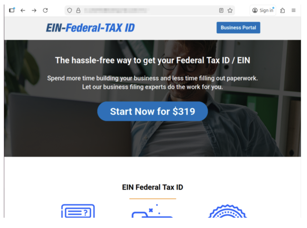 Example of a scam website we found charging for an EIN. 